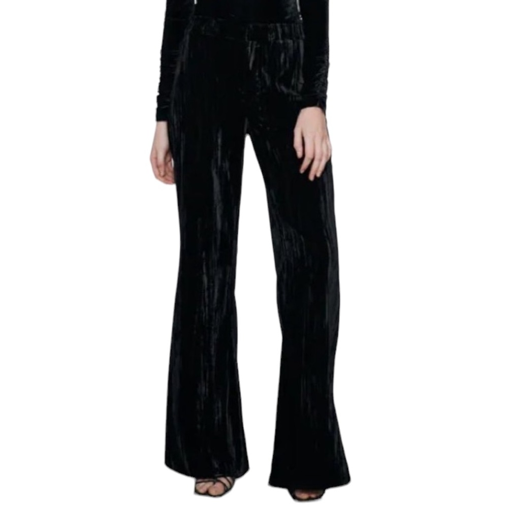 Zara Black Creased Velvet Flared Pants - XS